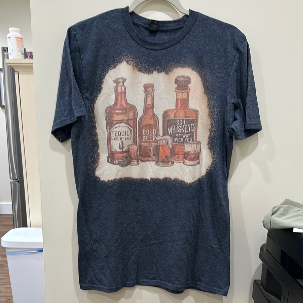 Anvil Navy Short Sleeve Tee with Vintage Whiskey Graphic MW lyrics